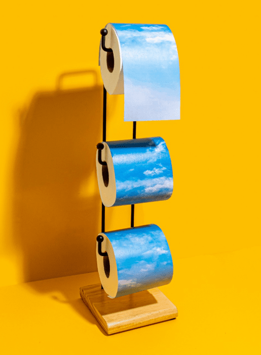 Fotografia da linha banheiro da Duler. Na imagem temos um suporte para papel higiênico de chão com 3 rolos pintados de azul e nuvens.